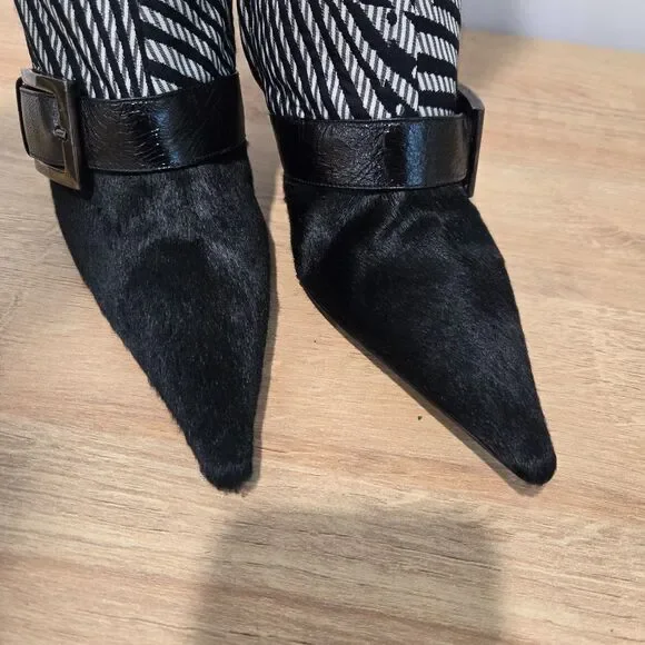 Bruno Magli Womens Graphic Print Tall Dress Boots Sz 37 / 6.5-7 fur pointed toe - Picture 7 of 14